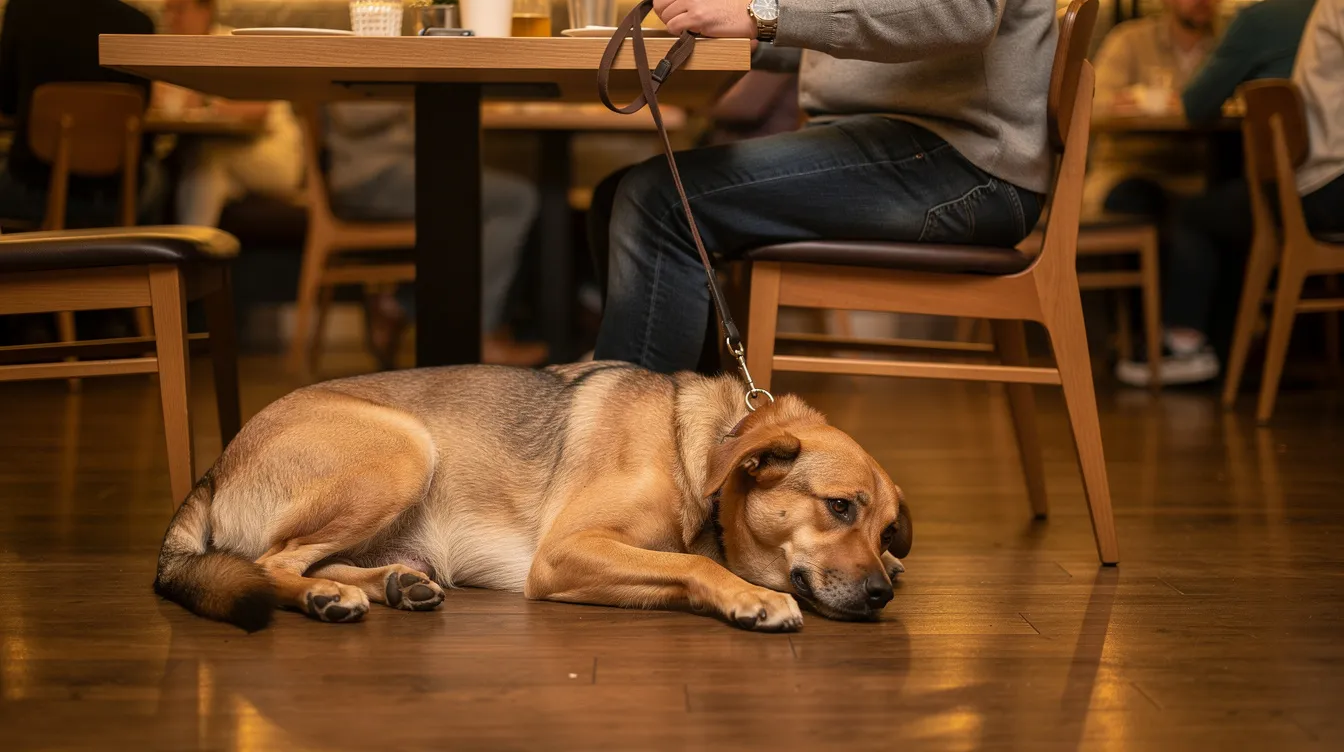 A calm service dog lies under a restaurant table while its handler sits above, demonstrating good behavior and focus in a public place. This scene highlights the importance of proper training for service dogs, ensuring they can assist their owners effectively in daily lives.