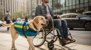 A Labrador retriever wearing a service dog vest walks alongside a person in a wheelchair on a city sidewalk, showcasing the important role of mobility assistance dogs in helping individuals lead more independent lives. This scene highlights the bond between the handler and their highly trained service dog, emphasizing the training process and the specific tasks these assistance dogs perform.