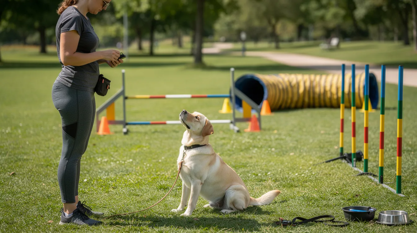 A person is seen training a young Labrador retriever in an outdoor park, surrounded by various training equipment. This scene highlights the importance of service dog training, as these specially trained animals assist individuals with disabilities, including those with mental illnesses like PTSD and anxiety disorders.