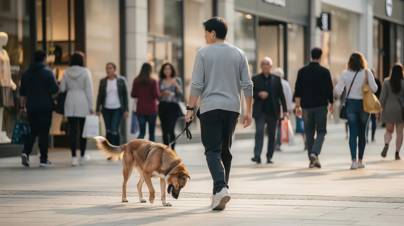 A person is walking through a busy shopping area with their well-behaved service dog, demonstrating the importance of good behavior and training in public places. The dog, likely a breed known for its assistance capabilities, showcases the skills learned through owner training and professional training programs, allowing them to navigate the bustling environment together.