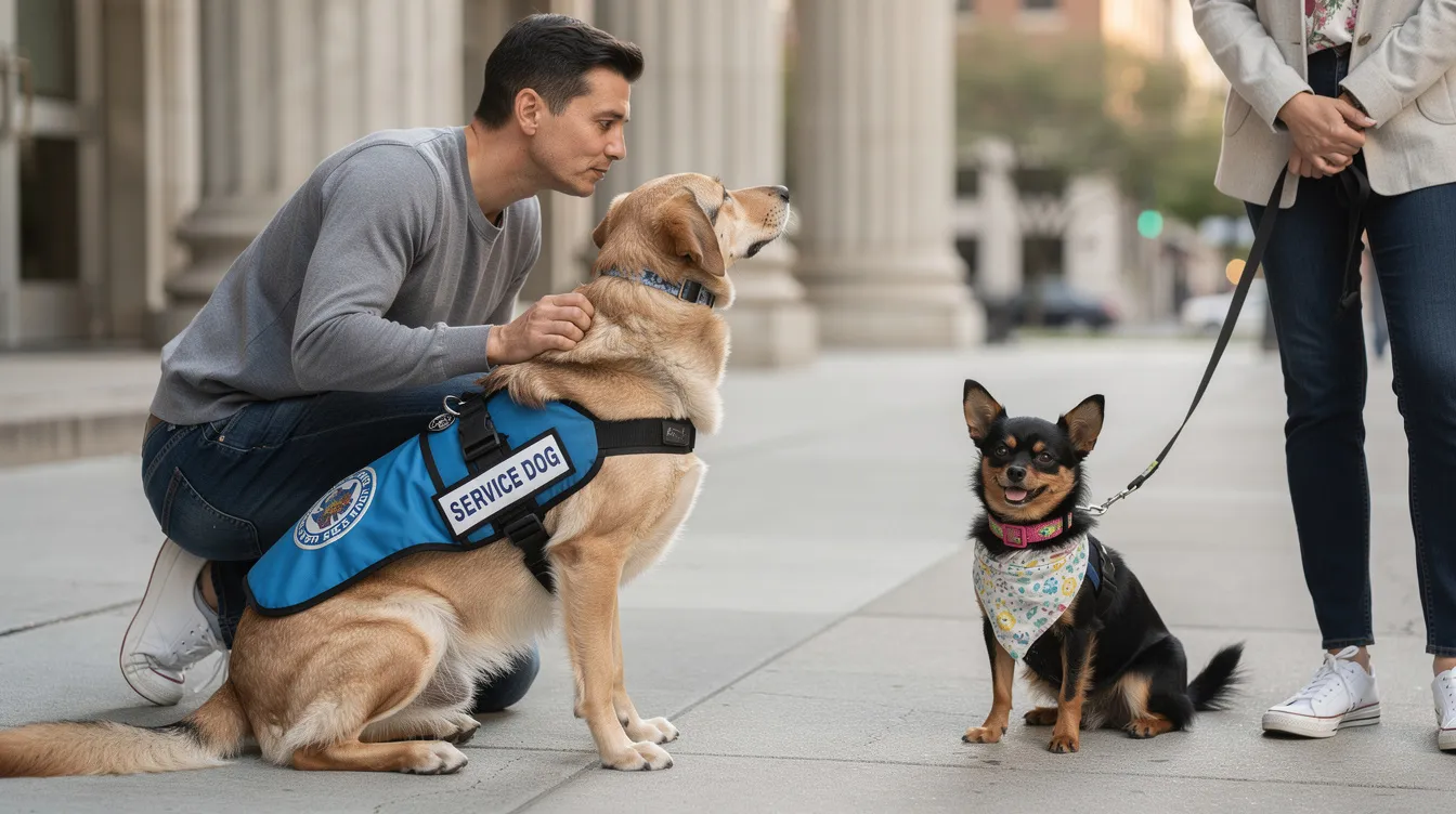 A person with a disability kneels beside a service dog wearing a vest, while a small pet dog on a leash sits nearby, highlighting the distinction between service animals that are individually trained to perform tasks and regular pets. This scene illustrates the important role of service dogs in providing assistance and support to their handlers in public spaces.