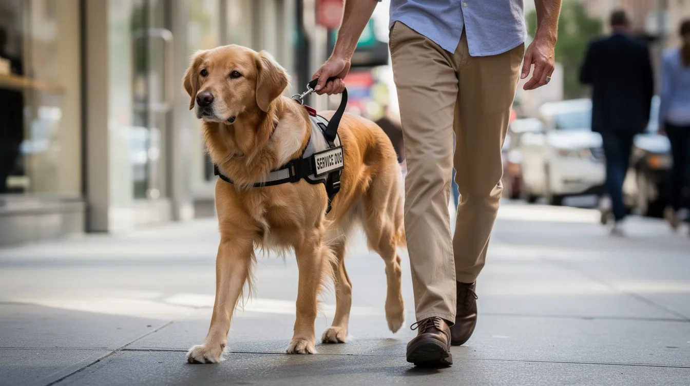 A professionally trained service dog walks attentively beside a person on a city sidewalk, demonstrating its ability to perform tasks directly related to the handler's disability. This scene highlights the important role of service animals in providing assistance and support to qualified individuals.