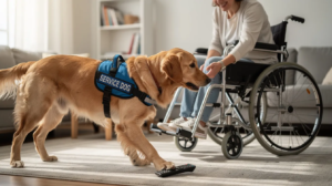 A service dog is assisting a person in a wheelchair by retrieving an object from the floor, showcasing how service animals are trained to perform specific tasks that help individuals with physical disabilities. This interaction highlights the important role of service dogs in supporting people with mobility impairments and enhancing their independence.