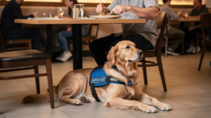 A service dog lies calmly under a table in a restaurant, providing support to its handler, who is enjoying a meal. This assistance animal is trained to perform tasks for the benefit of a person with a disability, ensuring a safe and comfortable dining experience.