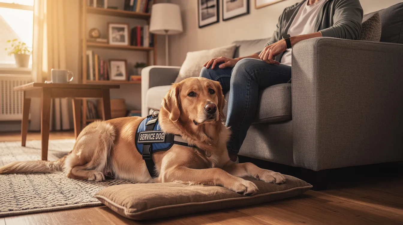 A service dog, likely a Labrador or Golden Retriever, is peacefully resting on a mat beside its handler in a cozy living room setting. This image highlights the bond between the assistance dog and its owner, emphasizing the importance of training and companionship in daily life for those with mobility assistance needs.