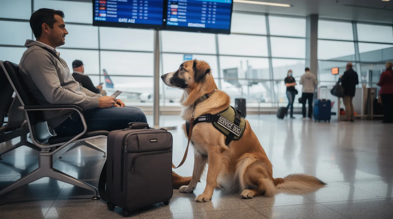 A service dog sits patiently beside its handler at an airport boarding gate, demonstrating its training as an assistance animal for a person with a disability. The dog's presence provides comfort and support, ensuring full and equal access to public accommodations for the individual.