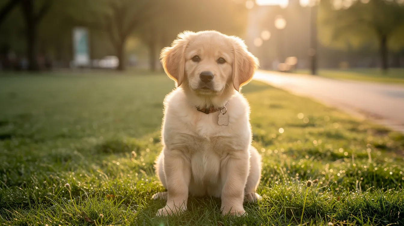 A young golden retriever puppy is sitting attentively in a park during an early training session, focused on learning basic commands from its trainer. This scene highlights the importance of service dog training, as prospective service dog owners often seek to teach their dogs specific tasks for assistance in daily life.