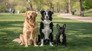 In a serene park setting, three different dog breeds— a Labrador Retriever, a German Shepherd, and a Golden Retriever—sit calmly side by side, showcasing their good behavior and socialization skills. These well-mannered dogs represent various aspects of service dog training, highlighting the importance of training programs for both assistance dogs and their handlers.