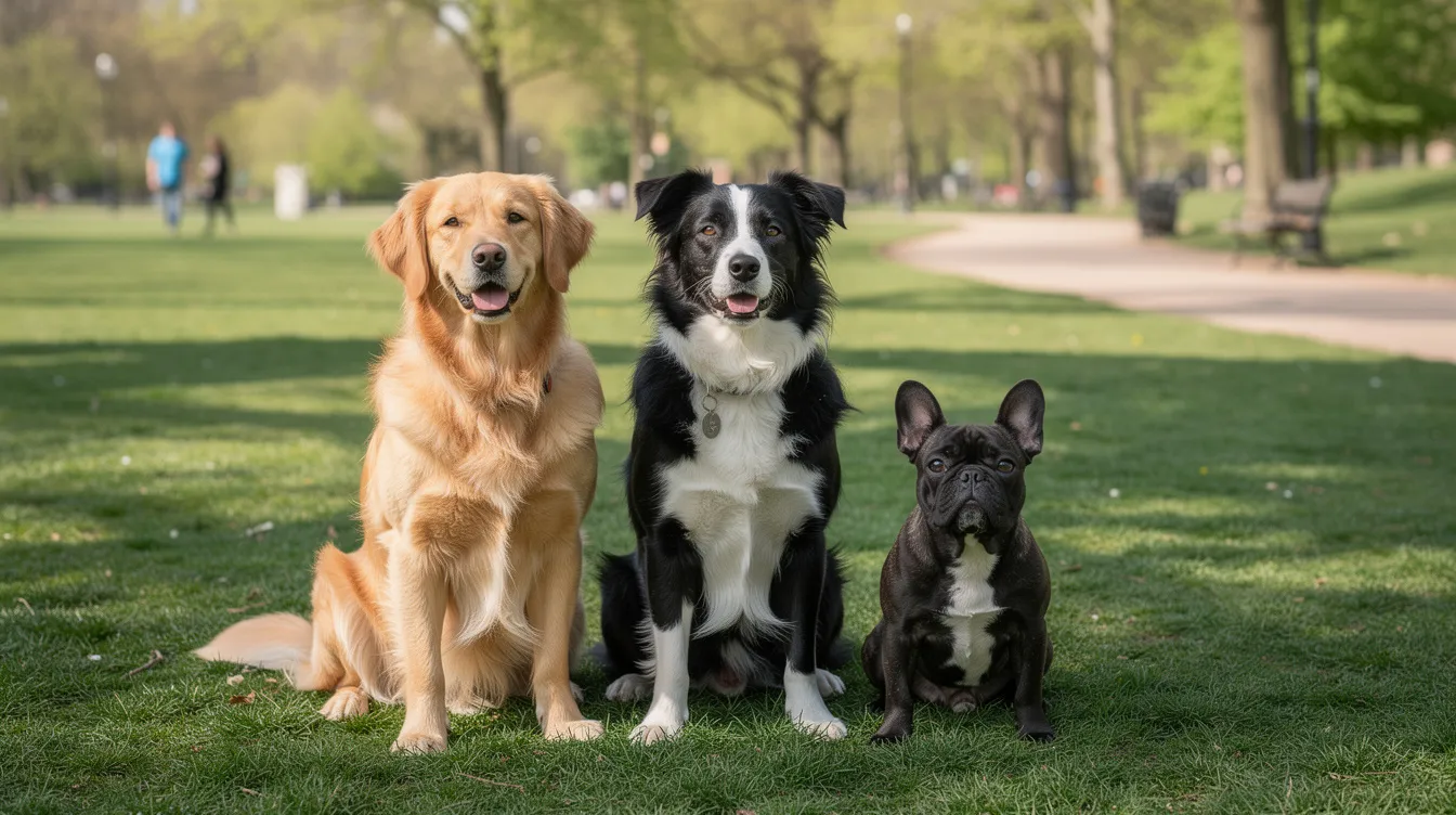 In a serene park setting, three different dog breeds— a Labrador Retriever, a German Shepherd, and a Golden Retriever—sit calmly side by side, showcasing their good behavior and socialization skills. These well-mannered dogs represent various aspects of service dog training, highlighting the importance of training programs for both assistance dogs and their handlers.