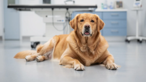 A calm golden retriever lies on the floor of a veterinary clinic, appearing slightly overweight with a thick coat. This image may reflect the signs of hypothyroidism in dogs, which can lead to unexplained weight gain and difficulty losing weight, common in middle-aged dogs.