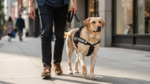 A calm Labrador retriever wearing a harness walks beside a person on a city sidewalk, showcasing the bond between a service dog and their handler. This highly trained assistance dog is equipped to provide emotional support and perform specific tasks to aid individuals with disabilities.