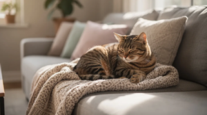 A calm tabby cat is peacefully resting on a soft blanket on a living room couch, embodying the relaxed lifestyle of indoor cats. This image highlights the importance of monitoring a cat's weight to prevent obesity, which can lead to health risks such as diabetes and decreased life expectancy.