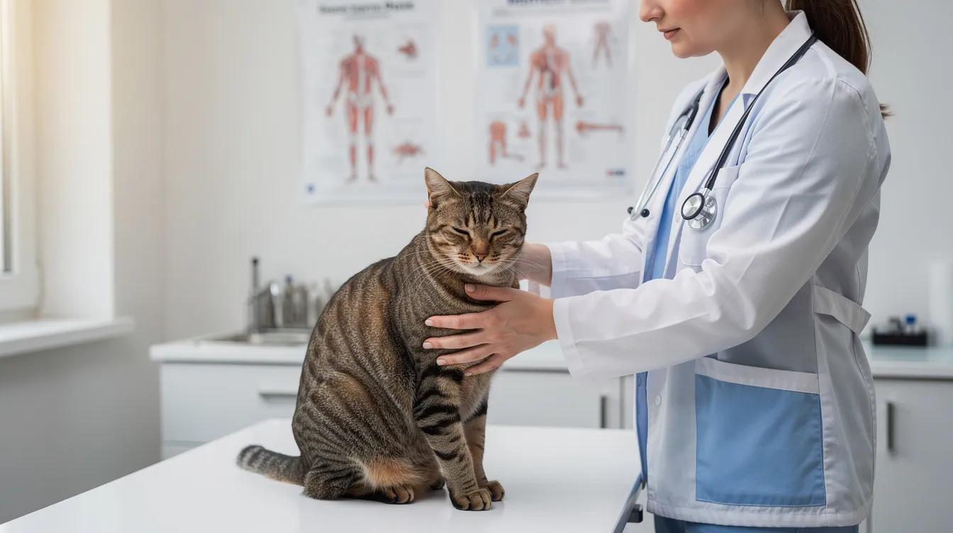 A calm tabby cat is sitting on a veterinary examination table, being gently examined by a veterinarian. This scene highlights the importance of regular check-ups for maintaining a cat's health and managing their weight, especially for overweight cats at risk of health issues.