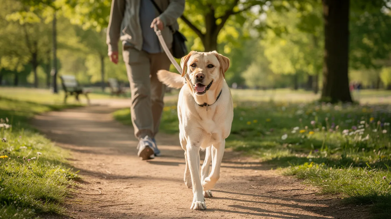 A cheerful neutered Labrador Retriever walks alongside its owner on a park trail, enjoying the outdoors. This scene highlights the importance of maintaining a healthy weight for neutered pets, as they may have different energy needs and appetite influences compared to intact dogs.