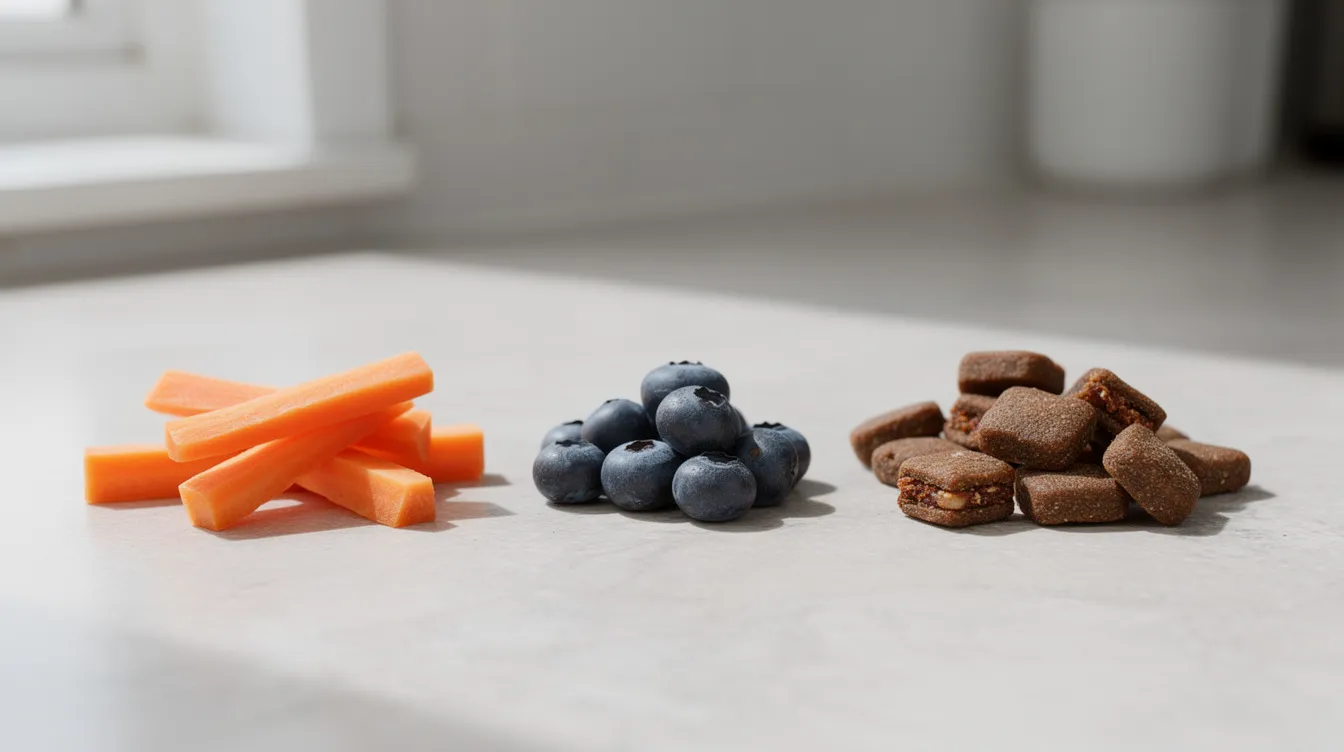 A clean kitchen counter displays small portions of carrot sticks and blueberries alongside a few pieces of dog kibble, emphasizing a healthy diet for pets. This arrangement highlights nutritious options that can help maintain a dog's weight and meet their daily calorie needs.