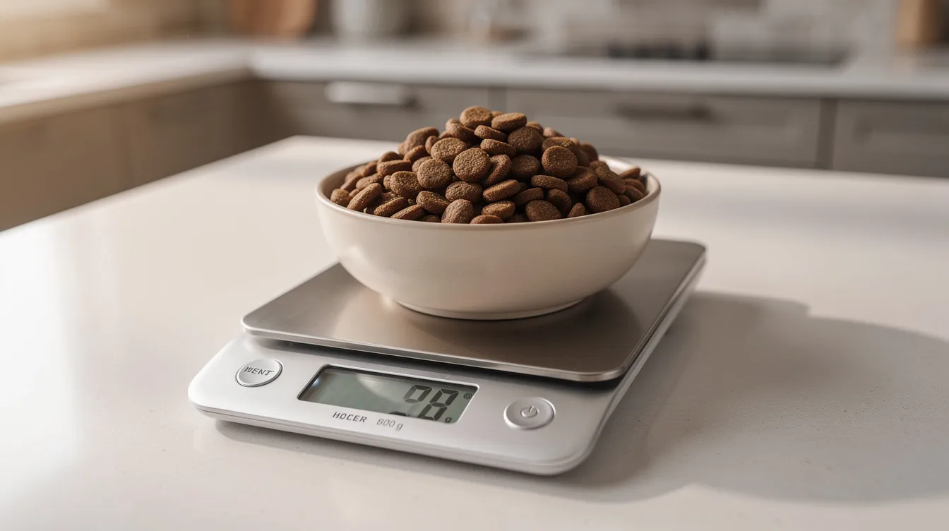 A digital kitchen scale displays a bowl filled with measured dog food kibble, resting on a clean kitchen counter, emphasizing the importance of monitoring a dog's diet, especially for those affected by hypothyroidism and unexplained weight gain. This careful measurement can aid pet parents in managing their dog's thyroid hormone levels and overall health.