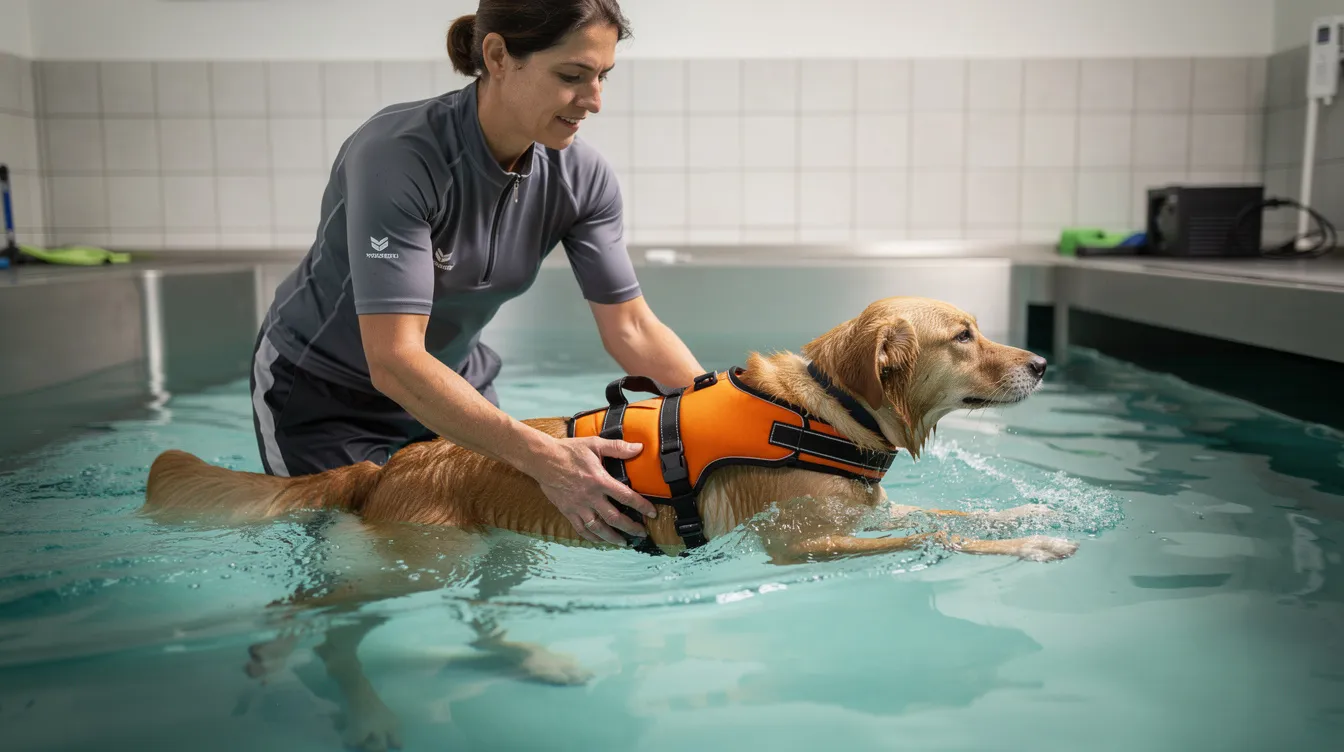 A dog is swimming in a hydrotherapy pool, with a handler providing support to assist its movement. This activity is beneficial for obese dogs as it helps them lose weight, manage their body condition, and improve joint health while reducing pressure on weight-bearing joints.