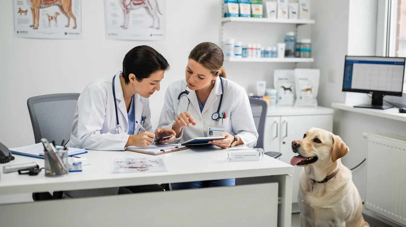 A dog owner and a veterinarian are collaboratively reviewing notes at a desk in a veterinary clinic, while a friendly Labrador sits nearby, embodying the importance of maintaining a healthy weight and understanding the dog's caloric needs for optimal health. The scene highlights the significance of proper nutrition and weight control for dogs, ensuring they stay healthy and fit.