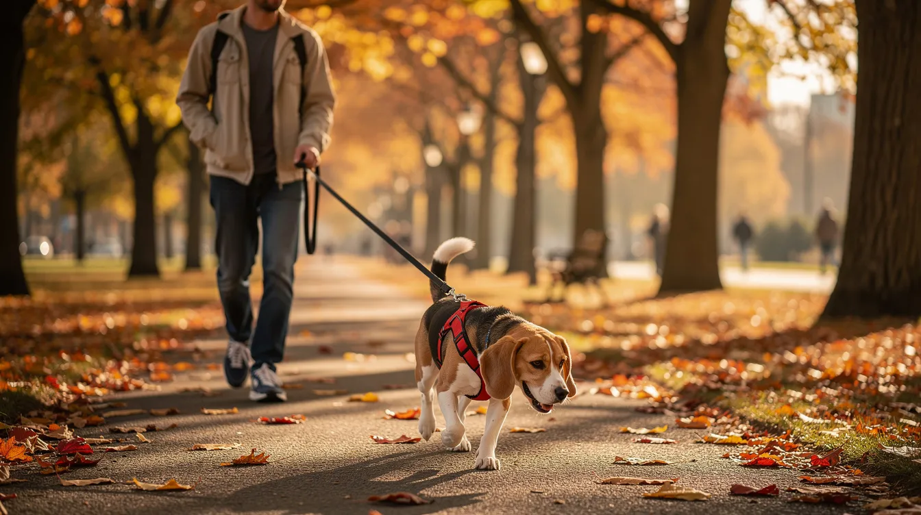 A dog owner is walking a leashed beagle along a tree-lined path in a park during autumn, surrounded by colorful fallen leaves. This scene highlights the importance of daily exercise for dogs to maintain a healthy weight and prevent obesity.
