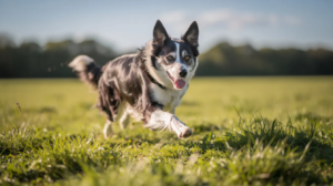 A fit border collie joyfully runs through a lush grassy field on a sunny day, showcasing its healthy weight and lean muscle mass. This energetic scene highlights the importance of regular exercise and balanced nutrition in maintaining a dog's ideal weight and overall well-being.