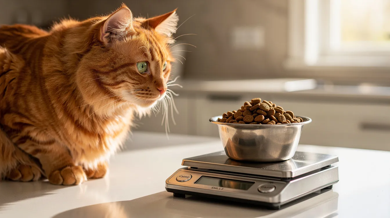 A fluffy orange cat is sitting next to a small kitchen scale, which holds a bowl of dry cat food, emphasizing the importance of monitoring food portions for managing an indoor cat's weight. This scene highlights the need for pet owners to consider how much food to provide for their cats to help them lose weight and maintain a healthy weight.
