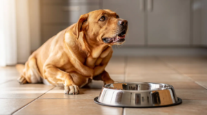 A golden Labrador Retriever sits eagerly on a kitchen floor, gazing intently at a stainless steel food bowl, showcasing its increased appetite and begging behavior for food. This scene reflects the common behavior of many dogs, particularly when they are hungry or seeking a tasty treat.