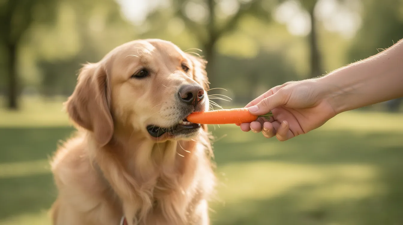 A golden retriever is gently taking a baby carrot from its owner's hand in a sunny park, showcasing a moment of bonding over healthy treats. This scene highlights the importance of offering low-calorie treats, like fresh vegetables, to support the pet's well-being and maintain a healthy lifestyle.