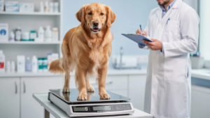 A golden retriever is standing on a veterinary scale while a veterinarian checks a clipboard, likely assessing the dog's weight to ensure it maintains a healthy weight. This scene highlights the importance of weight management in neutered pets, as they may require adjustments in food intake to avoid gaining excess weight.