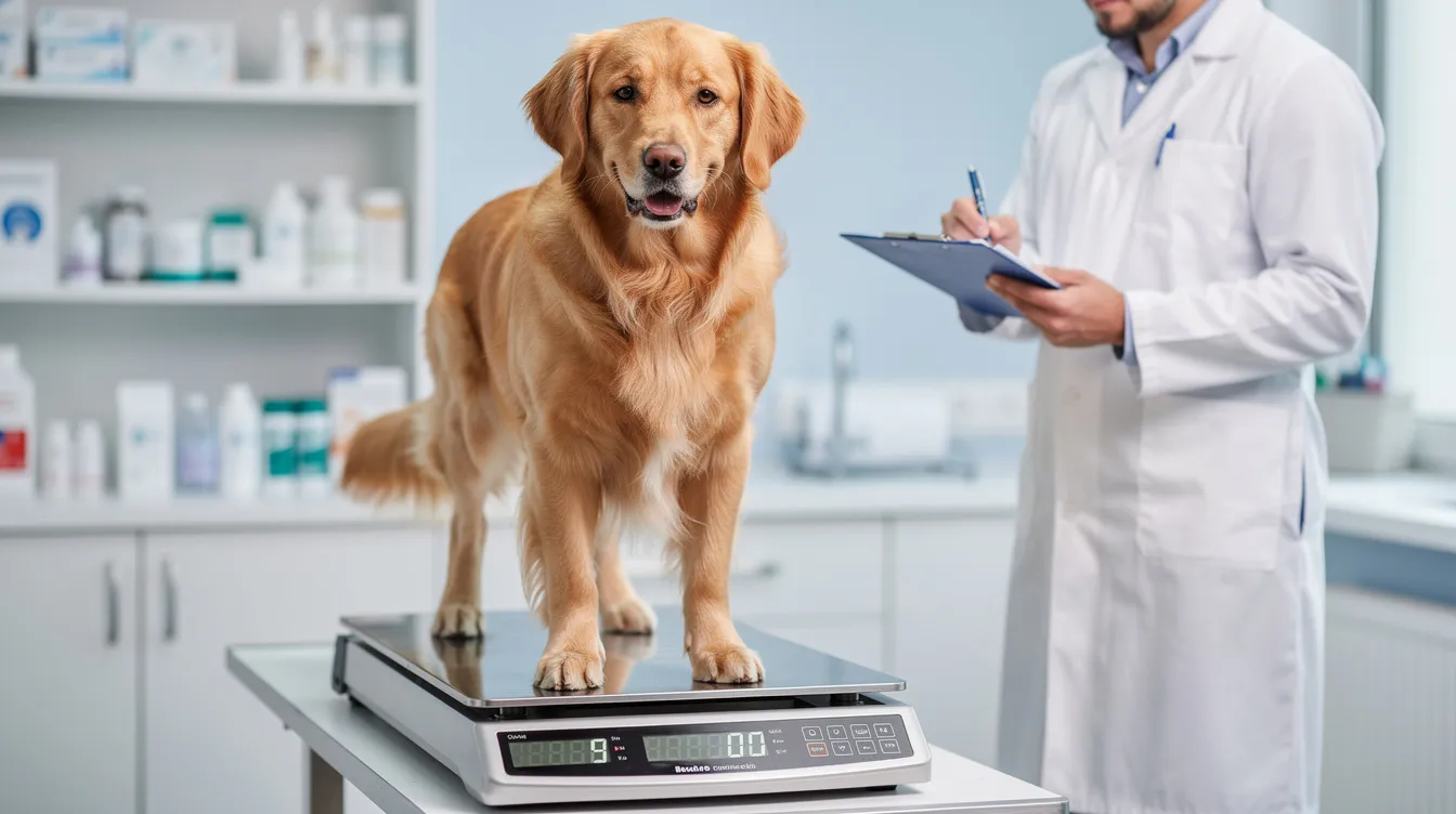 A golden retriever is standing on a veterinary scale while a veterinarian checks a clipboard, likely assessing the dog's weight to ensure it maintains a healthy weight. This scene highlights the importance of weight management in neutered pets, as they may require adjustments in food intake to avoid gaining excess weight.