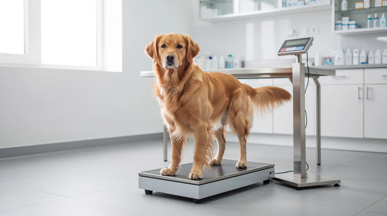 A golden retriever stands calmly on a veterinary floor scale in a bright clinic room, showcasing its healthy weight as part of a routine check-up. This setting emphasizes the importance of monitoring a dog's weight to ensure proper calorie needs and maintain a healthy diet for overall well-being.