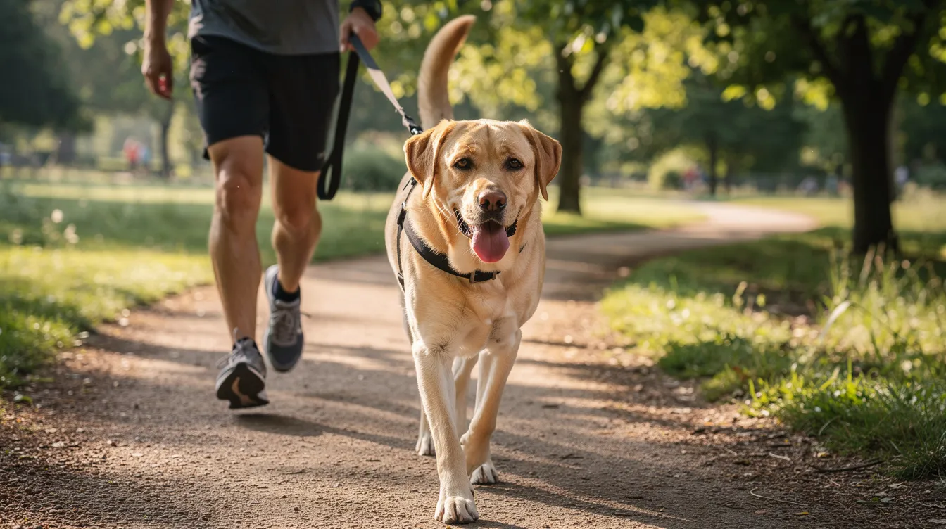 A healthy-looking Labrador retriever is walking on a leash along a park trail with its owner, showcasing the dog's ideal weight and overall health. This scene highlights the importance of a balanced diet and regular exercise in maintaining a dog's healthy weight and preventing pet obesity.