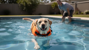 A Labrador wearing a bright life vest is happily swimming in a clean pool while its owner stands at the edge, ready to encourage play and exercise. This scene highlights the importance of physical activity for overweight dogs to help them lose weight and maintain a healthy weight.
