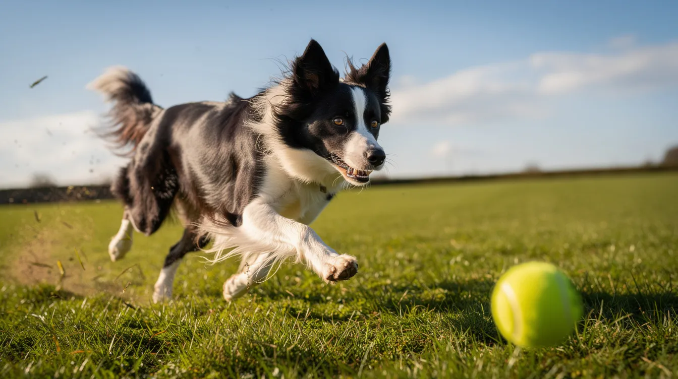 A lively border collie is seen sprinting through a vibrant grassy field, eagerly chasing a bright yellow tennis ball under the warm sun. This playful scene highlights the dog's energy and activity, which are essential for maintaining a healthy weight and preventing obesity in neutered pets.