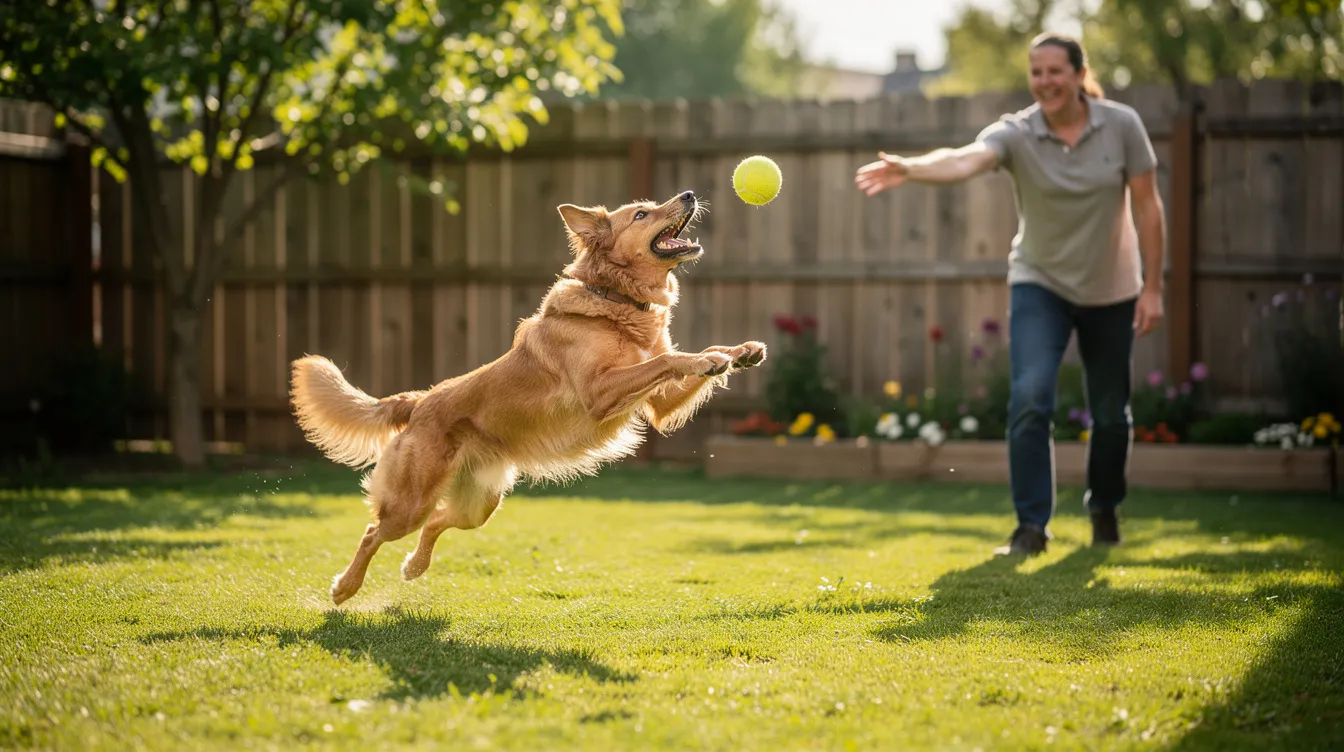 A lively dog is joyfully playing fetch with its owner in a lush, grassy backyard, showcasing the importance of regular exercise in maintaining a healthy weight for pets. Engaging in such activities helps prevent obesity in dogs, ensuring they lead a healthier life and reduce the risk of related health problems.