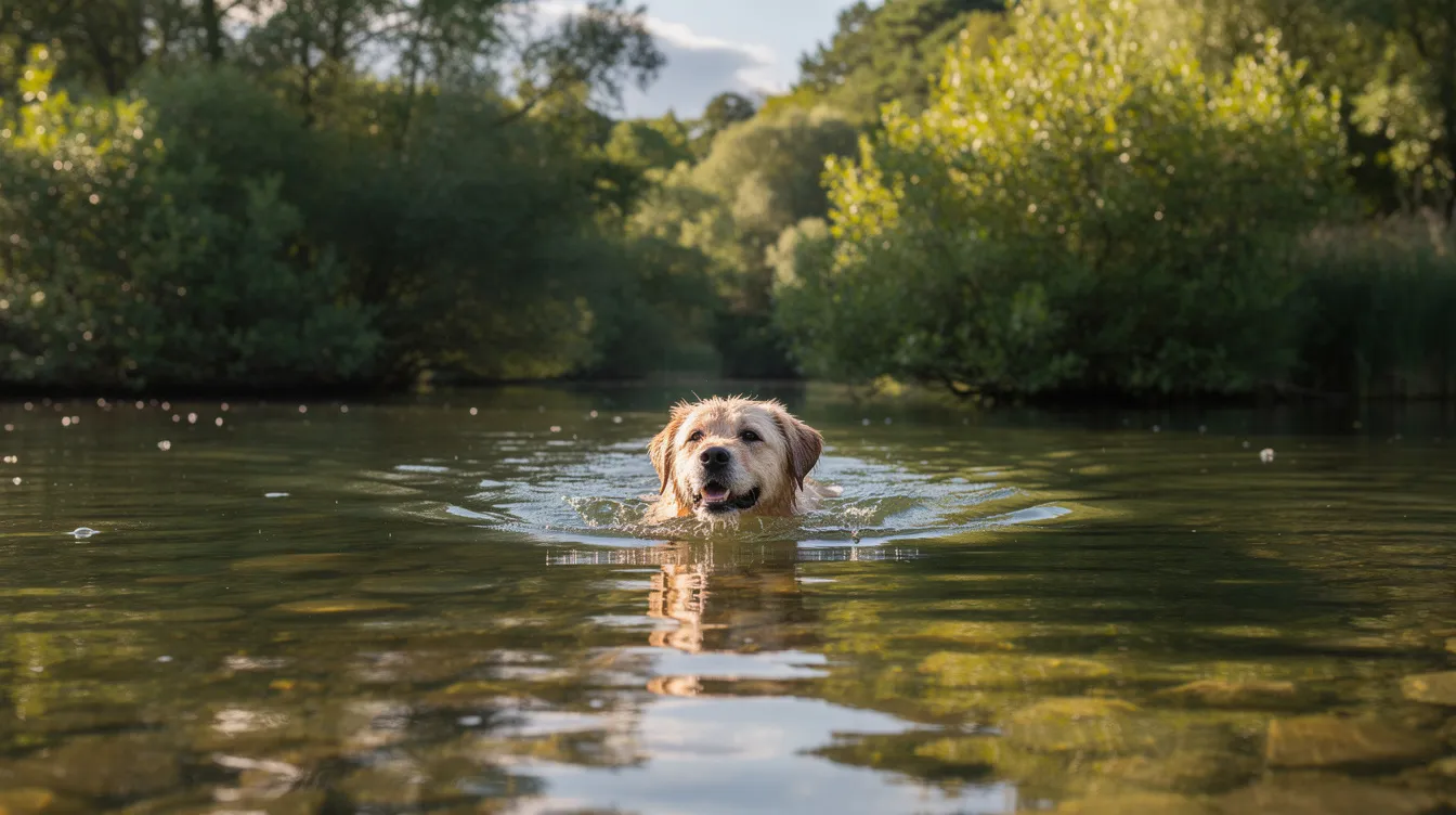 A medium-sized dog joyfully swims in a calm lake, surrounded by lush greenery, showcasing its healthy weight and vibrant energy. This scene highlights the importance of regular exercise and a balanced diet for dogs to maintain their ideal body weight and overall health.