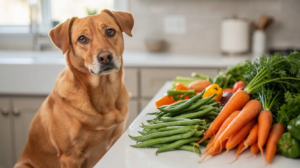A medium-sized dog sits beside a vibrant array of fresh vegetables, including baby carrots and green beans, displayed on a kitchen counter. This image highlights healthy treat choices for overweight pets, promoting a balanced diet and low calorie treat options to support their well-being.