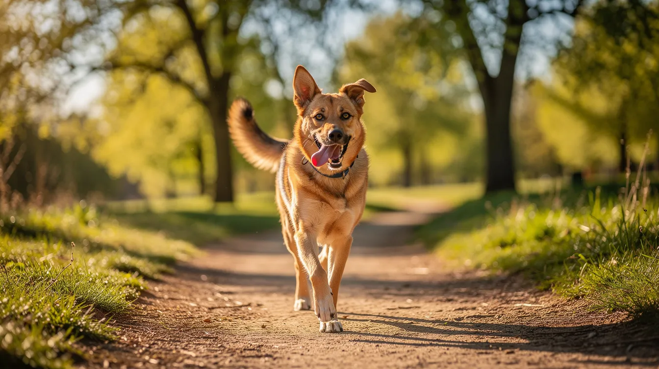 A medium-sized dog trots happily along a park trail on a sunny day, showcasing its healthy weight and good body condition. Regular exercise like this is essential for preventing obesity in dogs and maintaining their ideal body weight, contributing to a healthier life and longer lifespan.