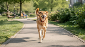 A medium-sized dog walks joyfully on a leash along a flat path in a park, showcasing its healthy body condition, which is crucial for managing weight and supporting joint health. Regular exercise like this can significantly improve the quality of life for overweight dogs, helping them lose excess weight and reduce the risk of joint problems.
