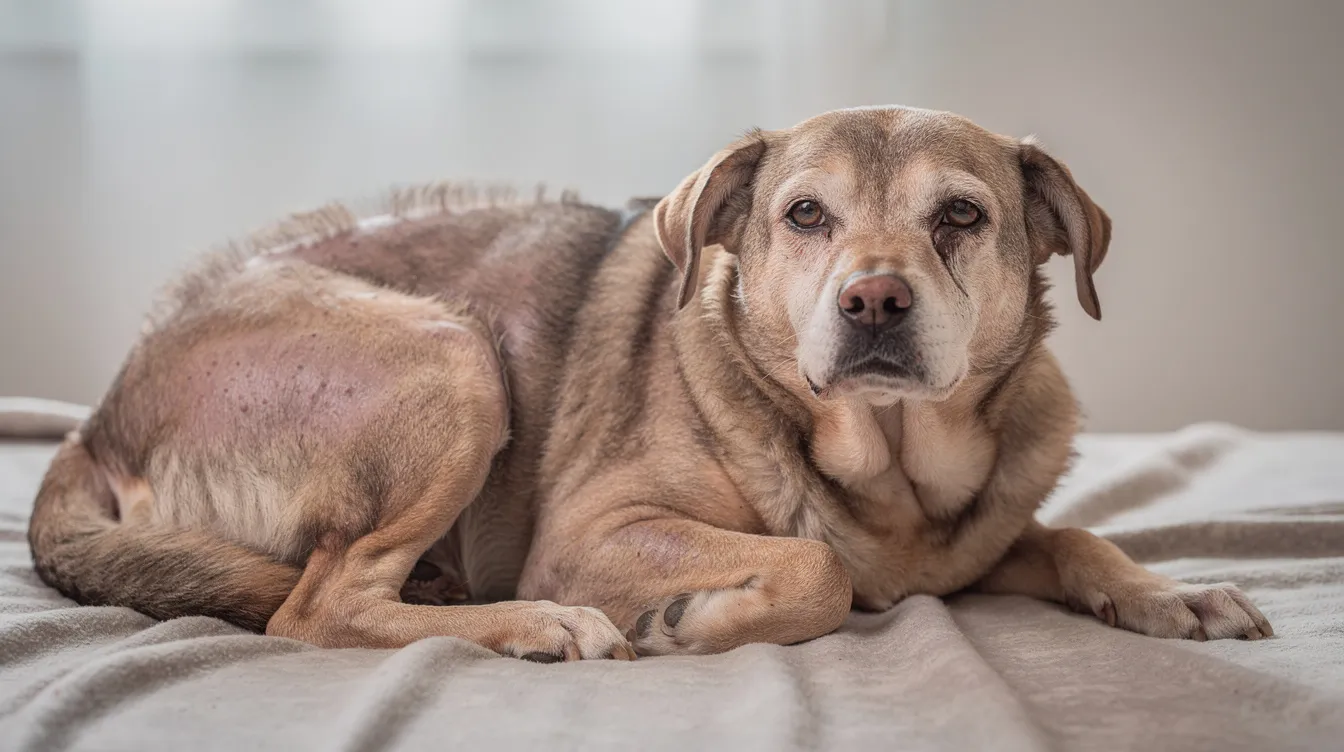 A medium-sized dog with thinning hair along its flanks and a slightly puffy facial expression is lying on a blanket, possibly showing signs of hypothyroidism in dogs, which can lead to unexplained weight gain and other health issues. The dog's condition may require regular blood tests to monitor thyroid hormone levels and ensure proper treatment.