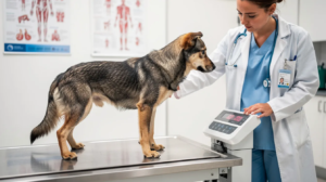 A medium-sized mixed-breed dog stands on a veterinary clinic scale, being weighed by a veterinary professional to assess its current weight and body condition. This process is essential for developing a weight loss plan to help the dog achieve a healthy weight and manage any excess weight it may have.