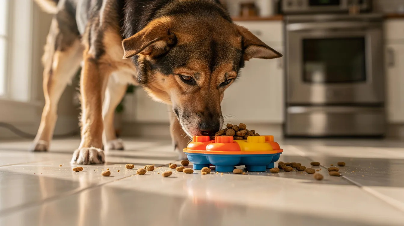 A mixed-breed dog is curiously sniffing at a rubber puzzle toy filled with kibble on a kitchen floor, engaging in a fun activity that promotes mental stimulation and can aid in an overweight dog's weight loss plan. This interactive toy encourages physical exercise and helps prevent weight gain while providing a tasty reward.