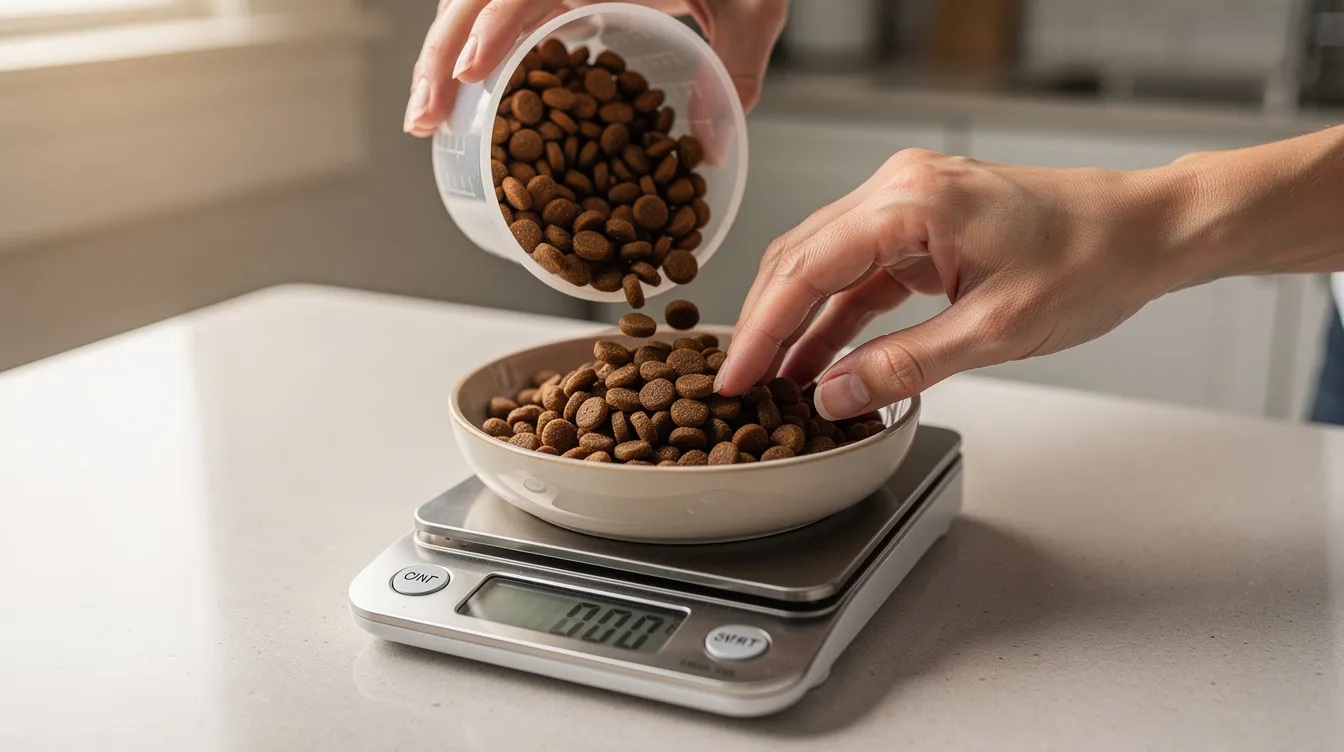 A person is carefully weighing dry dog food kibble on a small digital kitchen scale placed on a kitchen countertop, emphasizing the importance of measuring the right amount to support their dog's weight management and overall health. This practice is essential for ensuring that dogs maintain a healthy weight and avoid excess weight, contributing to their quality of life.