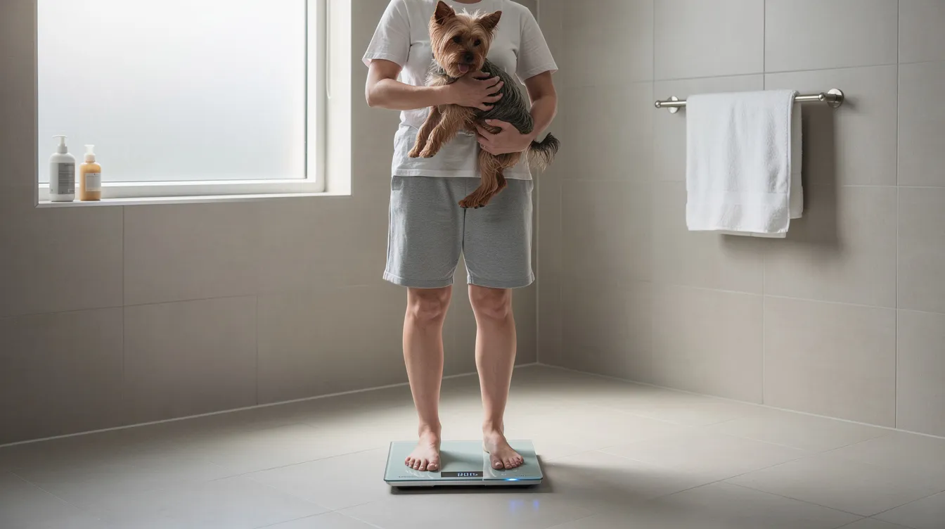 A person stands on a bathroom scale, carefully holding a small terrier in their arms to monitor the dog's weight. This scene emphasizes the importance of maintaining a healthy weight for pets, as part of a weight management plan to ensure their overall health and well-being.