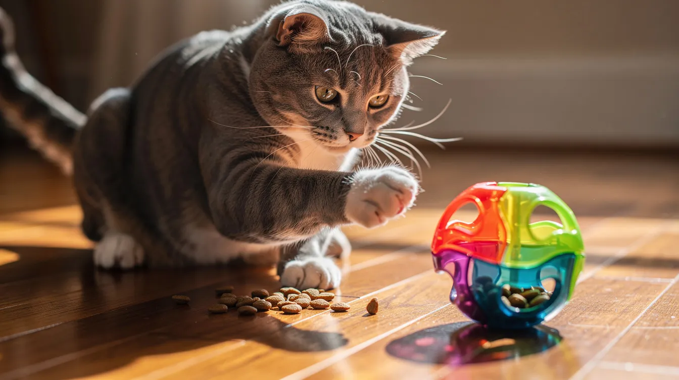 A playful cat is seen batting at a colorful puzzle feeder toy on a hardwood floor, engaging in physical activity that can help combat obesity in cats. This interactive toy encourages portion control and mental stimulation, promoting a healthy weight and reducing the risk factors associated with excess weight and its related health problems.