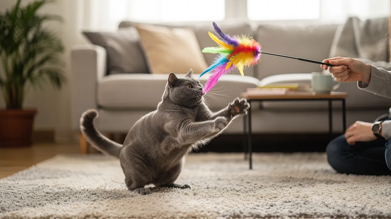 A playful gray cat is batting at a feather wand toy held by a person in a cozy living room, showcasing the importance of physical activity in helping cats lose weight and maintain a healthy weight. Engaging in such activities can be part of a weight loss program to combat obesity in cats.