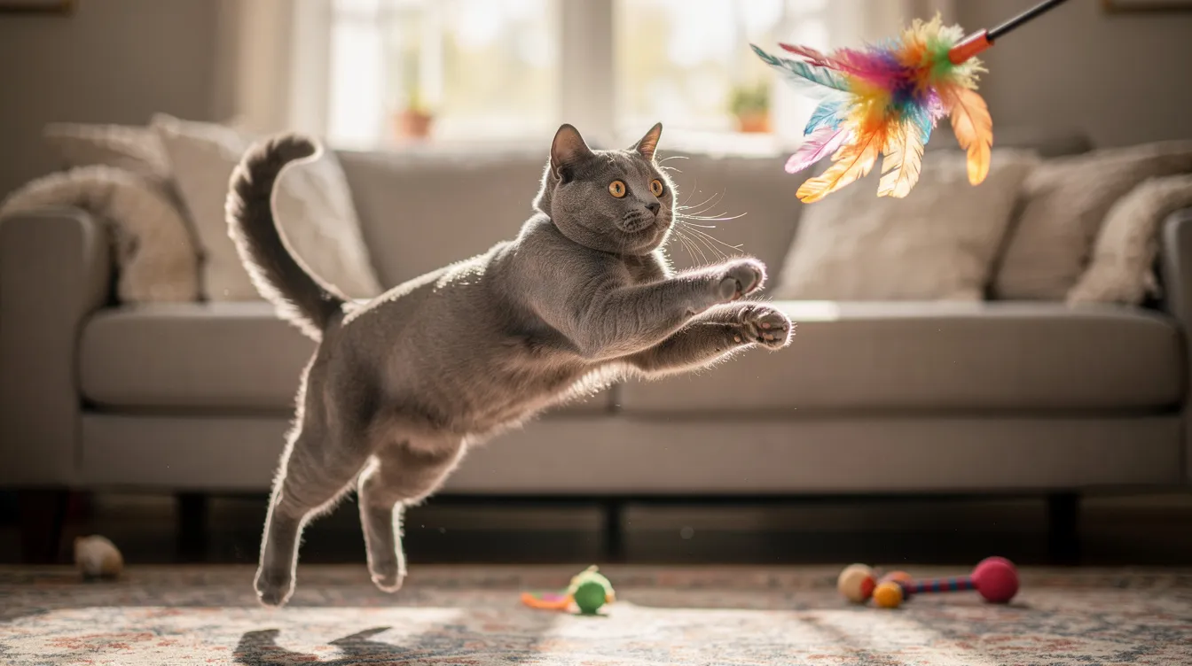 A playful gray cat is mid-leap in a living room, energetically chasing a feather wand toy, showcasing its agility and enthusiasm for play. This scene highlights the importance of exercise for indoor cats to help maintain a healthy weight and avoid excess weight issues.