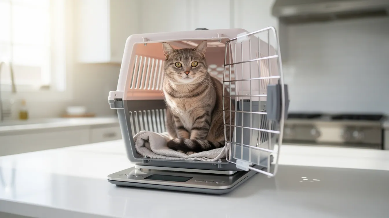 A small cat is calmly sitting inside an open pet carrier, which is placed on a digital scale in a brightly lit kitchen, illustrating an easy way for pet owners to weigh their pets at home. This scene emphasizes the importance of monitoring a pet's weight for overall health and well-being.