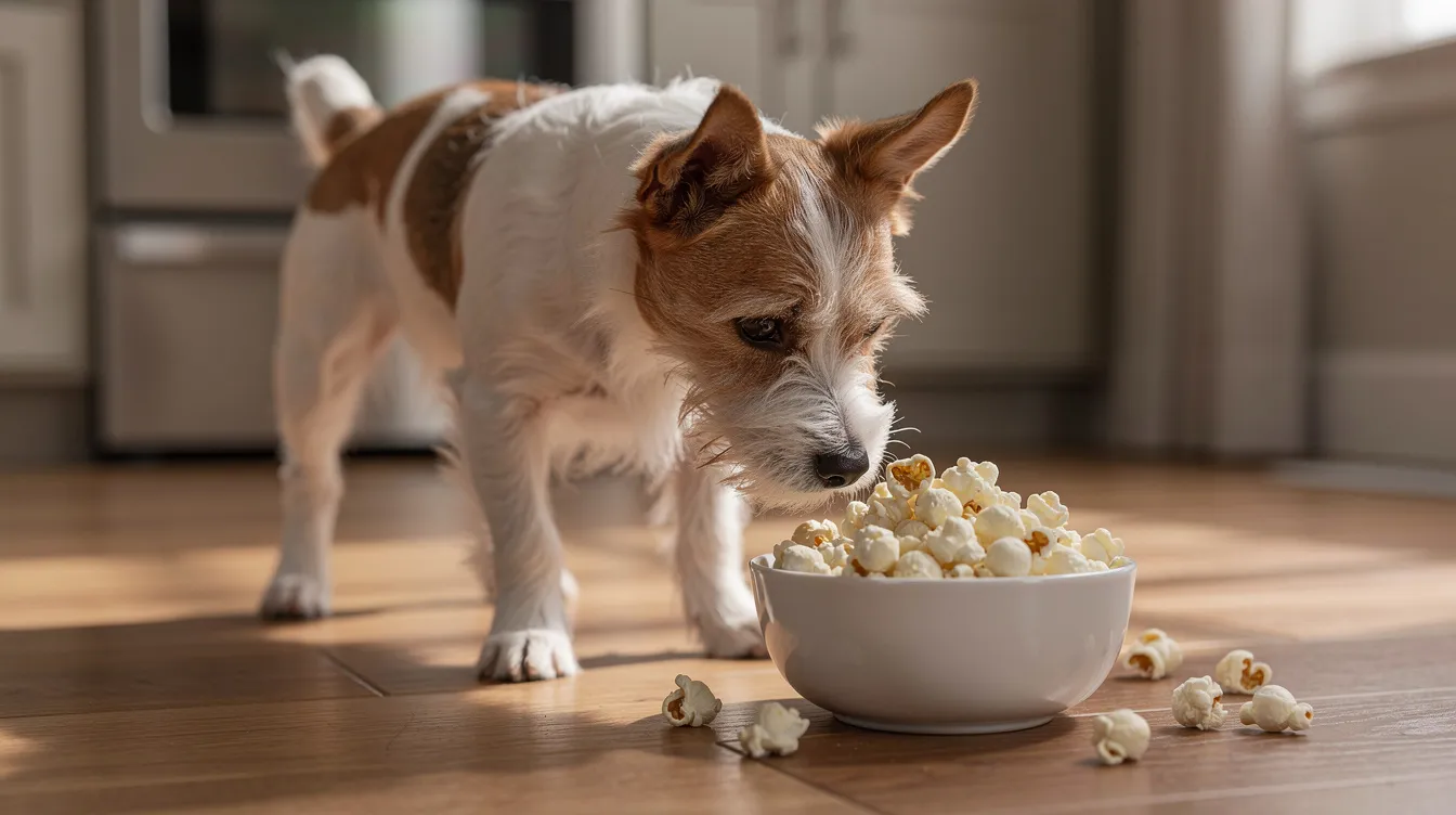 A small terrier curiously sniffs a bowl of air-popped popcorn on a kitchen floor, showcasing a healthy treat option for overweight pets. This low-calorie snack provides a crunchy alternative to traditional store-bought treats, promoting a healthy lifestyle and supporting portion control for pet owners.