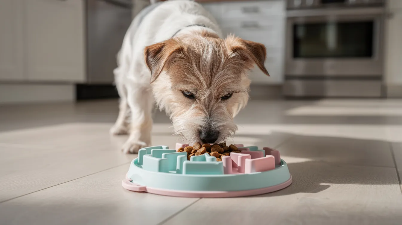 A small terrier is eating from a measured portion in a slow-feed puzzle bowl on a kitchen floor, promoting healthy digestion and weight management. This feeding method helps pet parents control calorie intake and supports the dog's ideal weight while making mealtime engaging.