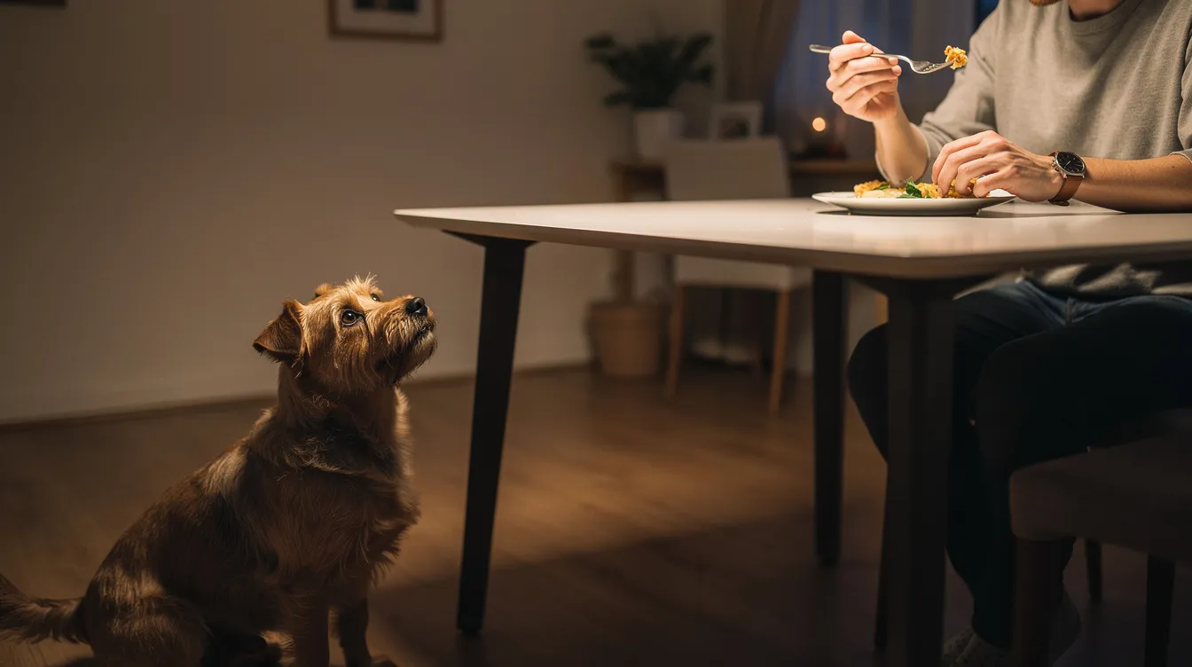 A small terrier sits beside a dining table, eagerly looking up at a person enjoying a meal, displaying typical dog begging behavior. This scene captures the dog's increased appetite and desire for tasty treats, which may be influenced by various health conditions affecting many dogs.